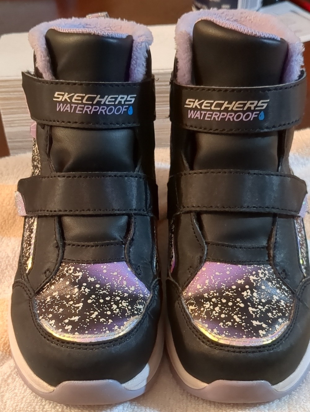 Skechers Kids Black and Purple Glitter Waterproof Boots
